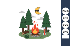Campfire in forest with pine trees moon and thermometer vect Product Image 1