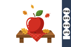 Red apple with green leaf on wooden table and autumn leaves Product Image 1