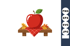 Red apple with green leaf on wooden table with autumn leaves Product Image 1