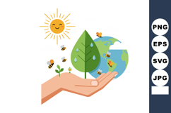 Hand Holding Green Leaf Earth Globe Bees and Sun Vector Illu Product Image 1