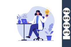 Female Scientist Sitting at Desk Holding Bright Idea Lightbu Product Image 1