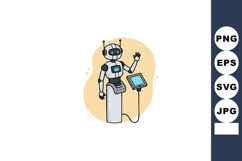 Friendly humanoid robot waving hand near digital display scr Product Image 1