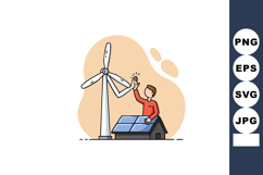 Man High Fiving Wind Turbine Near House with Solar Panels Re Product Image 1