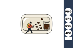 Small hiker with backpack walking among coffee beans and gla Product Image 1