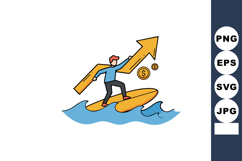 Businessman surfing on wave with rising arrow and coins illu Product Image 1