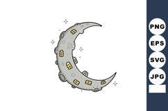 Crescent moon shaped house with glowing windows and stars ve Product Image 1