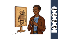 Woman Using Smartphone Standing Near Retro Robot Model Displ Product Image 1