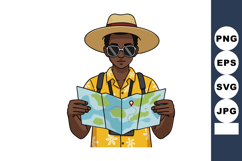 Man in yellow shirt wearing sunglasses and hat reading map f Product Image 1