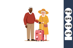 Elderly couple traveling with suitcase holding hands in casu Product Image 1