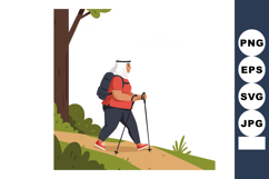 Woman wearing hijab hiking with backpack and trekking poles Product Image 1