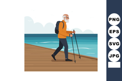 Elderly man hiking on seaside boardwalk with backpack and wa Product Image 1