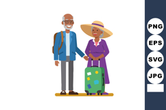 Elderly couple traveling with luggage and backpacks smiling Product Image 1