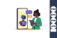 Woman interacting with purple robot chatbot on smartphone sc Product Image 1