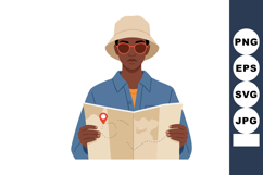 Person wearing bucket hat and sunglasses reading map for tra Product Image 1