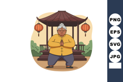 Elderly Asian Woman Practicing Tai Chi in Traditional Pavili Product Image 1