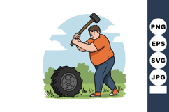 Boy swinging sledgehammer breaking large tire outdoor exerci Product Image 1