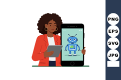 Woman holding tablet and smartphone with robot character on Product Image 1
