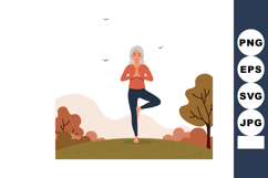 Mature woman practicing tree yoga pose in autumn park with b Product Image 1