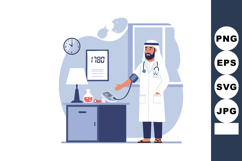 Male Arab Doctor Measuring Blood Pressure in Clinic with Med Product Image 1