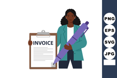 Businesswoman holding invoice clipboard and large purple pen Product Image 1