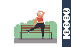 Mature woman stretching leg exercise near park bench in casu Product Image 1
