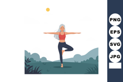 Woman practicing yoga tree pose outdoors in nature with sun Product Image 1