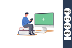 Man Using Tablet Sitting on Books Near Computer Screen in Mo Product Image 1