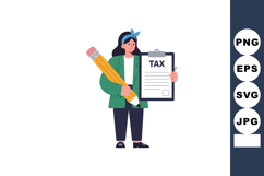 Woman holding tax document and giant pencil for tax filing c Product Image 1