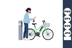Woman renting green electric bike using smartphone at chargi Product Image 1