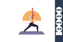 Woman practicing yoga warrior pose at sunrise with orange su Product Image 1