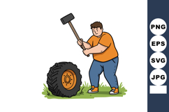Man wearing orange shirt and blue jeans hitting tire with sl Product Image 1