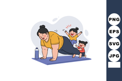 Woman Doing Push-ups with Two Happy Children Playing on Exer Product Image 1