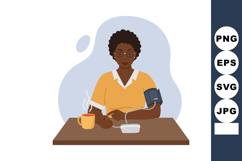 Woman Checking Blood Pressure with Monitor Sitting at Table Product Image 1