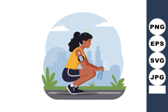 Woman resting after jogging with fitness tracker and water b Product Image 1