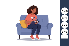 Woman with curly hair journaling on blue sofa with orange pi Product Image 1