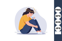Woman sitting on floor holding glass of water feeling dizzy Product Image 1