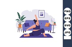 Woman practicing yoga at home in living room with blue couch Product Image 1