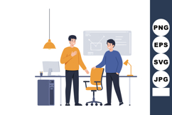 Two men having discussion in modern office with orange chair Product Image 1