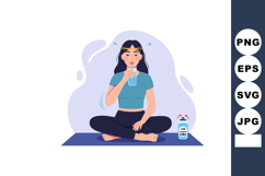 Woman Drinking Water Sitting Cross Legged on Mat with Headac Product Image 1