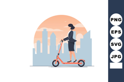Businesswoman riding electric scooter in cityscape with suns Product Image 1