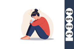 Woman feeling dizzy holding glass of water sitting on floor Product Image 1