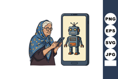 Elderly woman using smartphone with retro robot on screen di Product Image 1