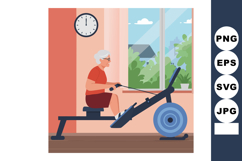 Senior woman exercising on rowing machine in home gym interi Product Image 1