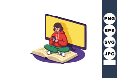 Girl Sitting on Open Book Using Smartphone with Large Screen Product Image 1