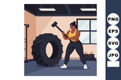Woman Exercising with Sledgehammer and Large Tire in Gym Fit Product Image 1