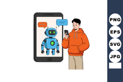 Young man using smartphone chatbot with friendly blue robot Product Image 1