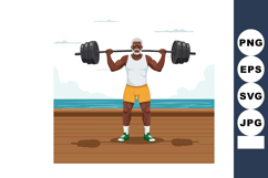 Muscular senior man lifting heavy barbell on wooden pier nea Product Image 1