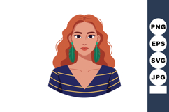 Woman with red hair wearing blue striped top and green feath Product Image 1