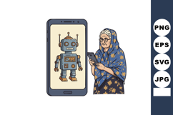 Elderly woman using smartphone with robot on screen digital Product Image 1