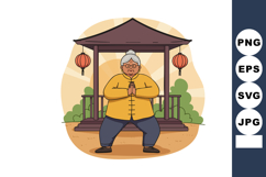 Elderly woman practicing tai chi in traditional pavilion wit Product Image 1